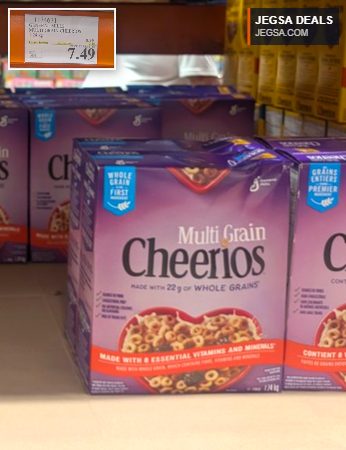 Large 1.24 kg box of General Mills Multi Grain Cheerios cereal from Costco, priced at $7.49 with instant savings.
