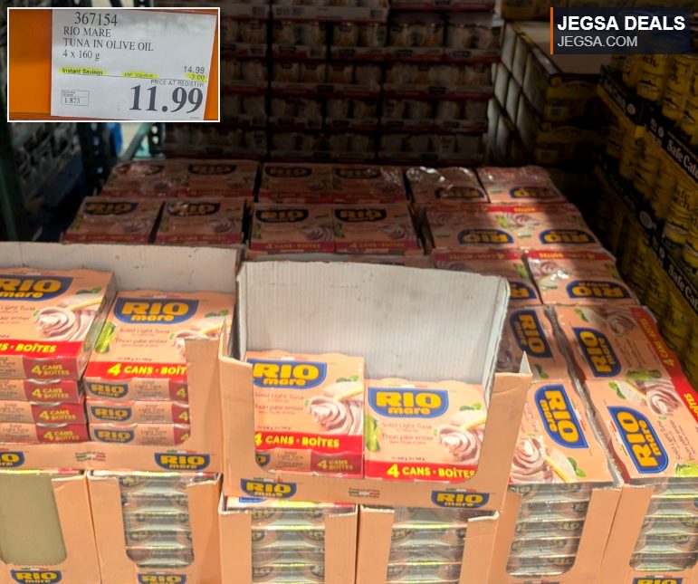 RIO MARE Tuna in Olive Oil, a 4-pack of 160g cans, available at Costco for $11.99 on sale.