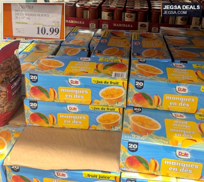 Dole Diced Mango in Juice cups, 20-pack from Costco, $10.99 with instant savings.