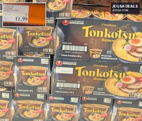 Nongshim Premium Tonkotsu Ramen 6-pack from Costco for $11.99, featuring rich pork broth and noodles.