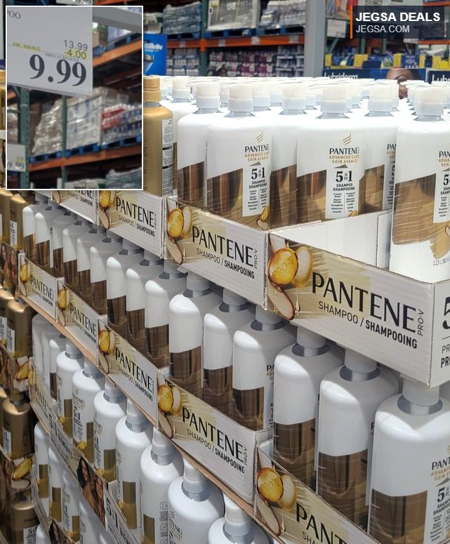 Pantene Advanced Care 5-in-1 Shampoo, 1.13 L bottles in white and gold packaging, available at Costco for $9.99.