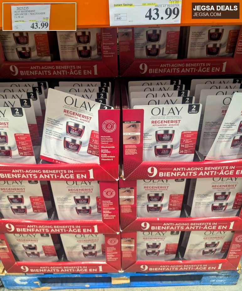 Olay Regenerist Advanced + Niacinamide 2-pack for anti-aging skincare, available at Costco for $43.99 with instant savings.
