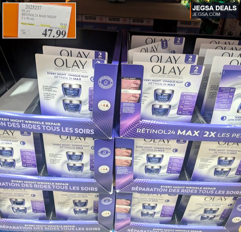 Olay Retinol24 Max Night anti-aging cream 2x50mL, helps visibly smooth, brighten, and tone skin, available at Costco for $47.99.