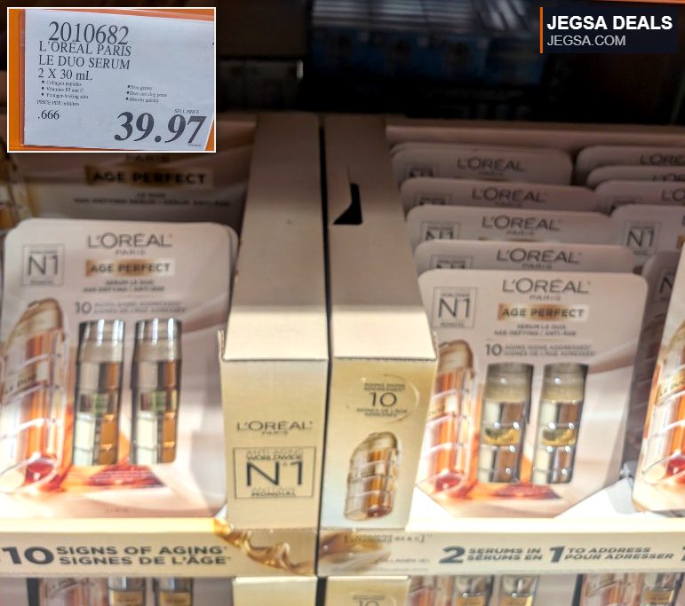 L'Oréal Paris Age Perfect Le Duo Serum with collagen peptides and vitamins B3/C for anti-aging skincare at Costco, $39.97.