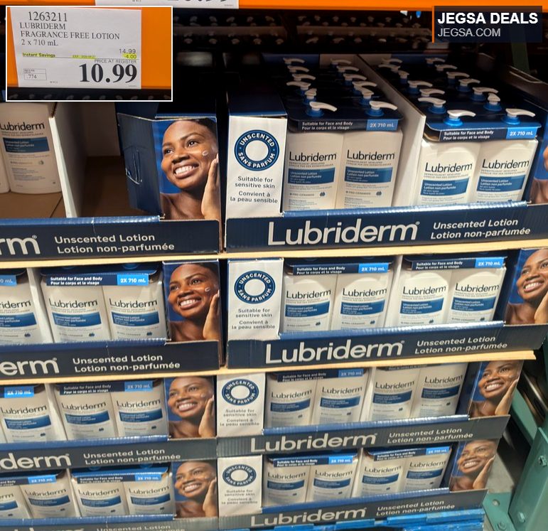 Lubriderm Fragrance Free Lotion 2-pack (2x710mL) from Costco, ideal for sensitive skin, priced at $10.99.