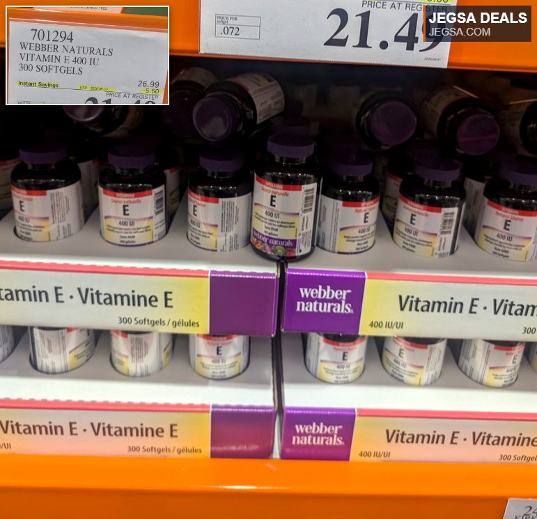 Webber Naturals Vitamin E 400 IU 300 softgels from Costco, on sale for $21.49.