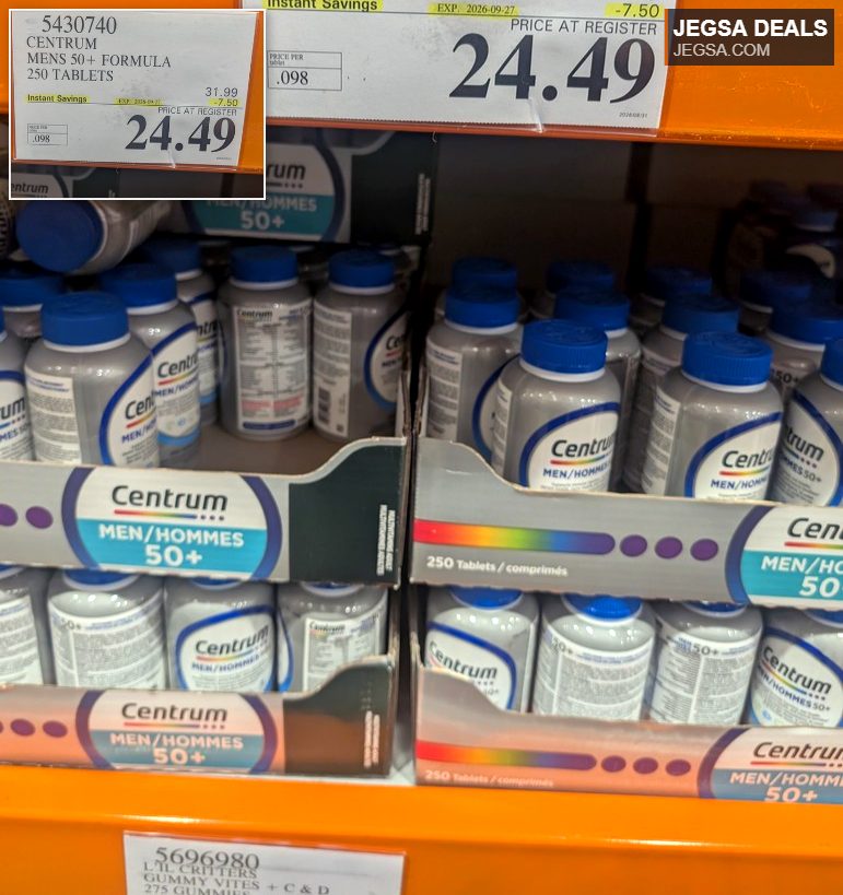 Centrum Men's 50+ Formula 250 Tablets, a multivitamin supplement for men 50+, available at Costco for $24.49.