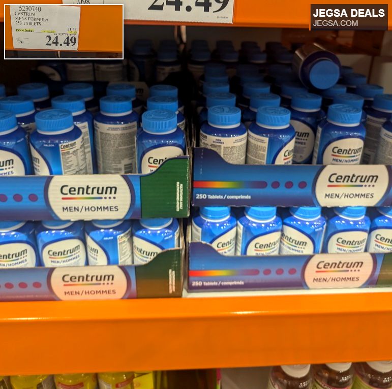 Centrum Men's Formula 250-count blue bottle multivitamins on sale at Costco for $24.49, originally $31.99.