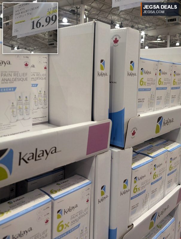Kalaya Extra Strength Pain Relief Cream, a multi-pack of topical analgesics for muscle and joint pain, available at Costco for $16.99.