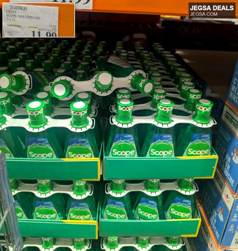 Crest Scope Mouthwash 3 x 1L pack from Costco, priced at $11.99, offering long-lasting fresh breath.
