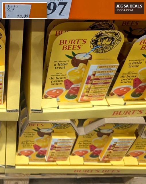 Burt's Bees natural lip balm 8-pack in yellow and red packaging from Costco, priced at $14.97 for essential lip care.