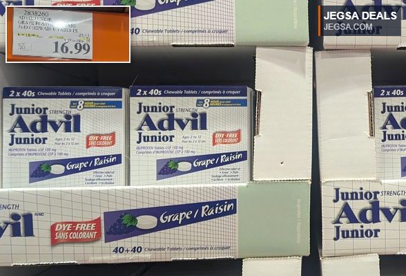 Advil Junior Strength grape flavor chewable tablets, 2x40 count, for kids aged 2-12, available at Costco for $16.99.