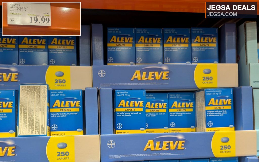 Bayer Aleve 220mg 250 Caplets for effective pain relief, available at Costco for $19.99 with instant savings.