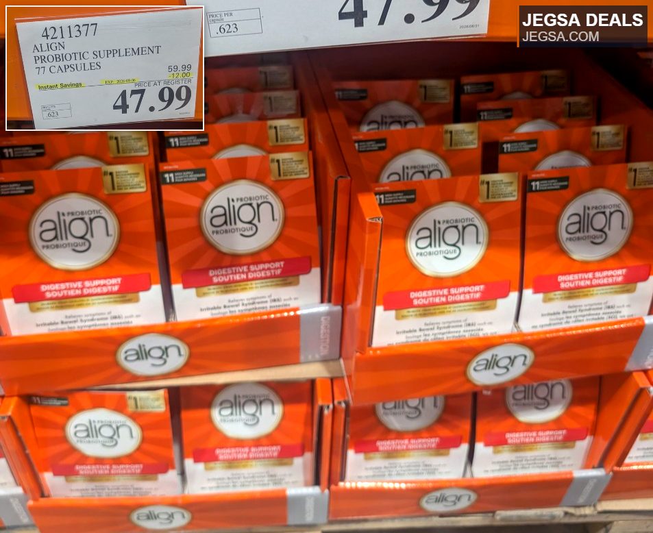 Align Probiotic Supplement 77 capsules for digestive health from Costco, on sale for $47.99 with instant savings.