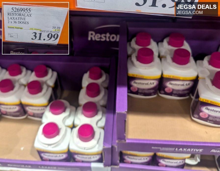 RESTORALAX laxative in a 2 x 36 doses pack from Costco, priced at $31.99, offering digestive support.
