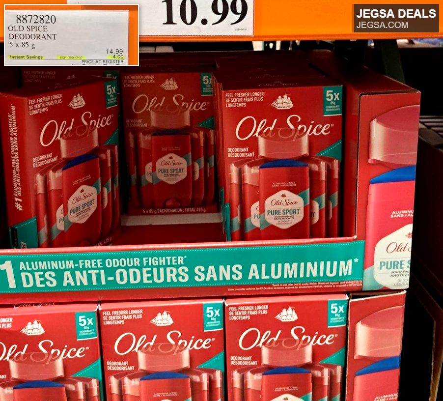 Old Spice Pure Sport aluminum-free deodorant 5-pack from Costco, $10.99, offering long-lasting freshness.