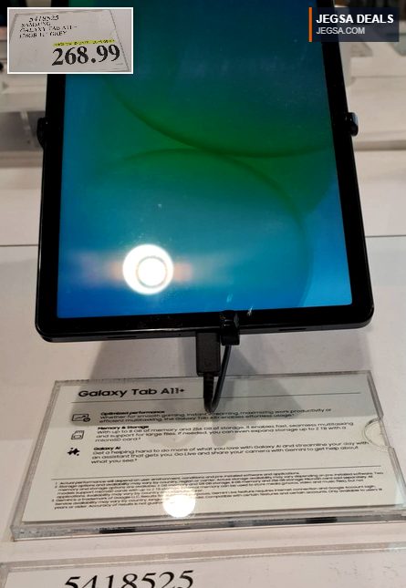 Grey Samsung Galaxy Tab A11+ 128GB 11-inch tablet on display at Costco for $268.99.