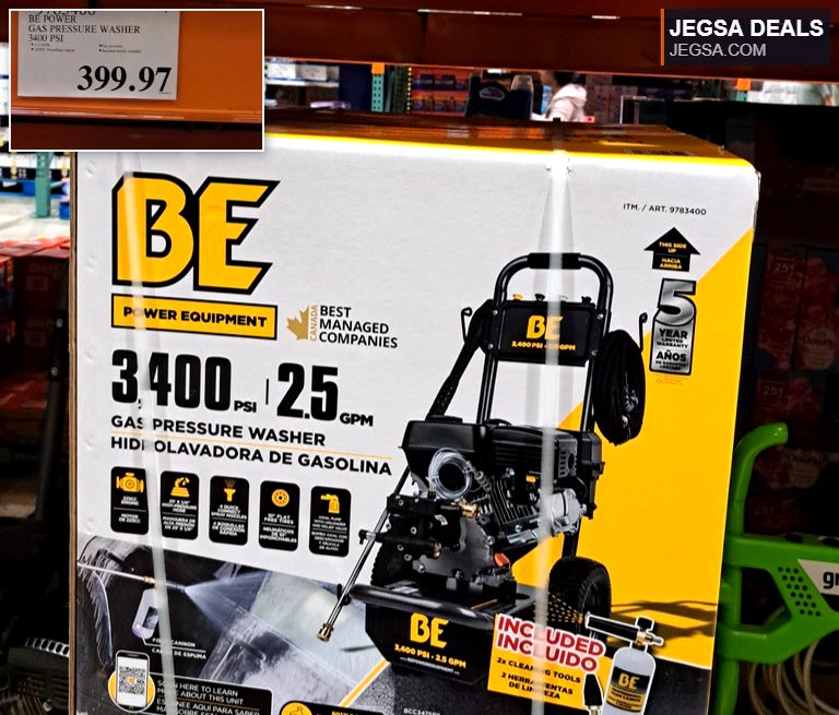 BE Power Equipment 3400 PSI gas pressure washer for heavy-duty outdoor cleaning, available at Costco for $399.97.