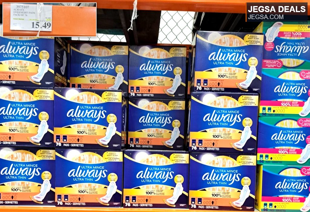Always Ultra Thin Overnight Pads, 76 count, from Costco, offering leak-free protection for comfortable night's sleep.