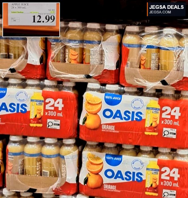Oasis Apple Juice 24-pack of 300mL bottles from Costco, 100% juice for $12.99.