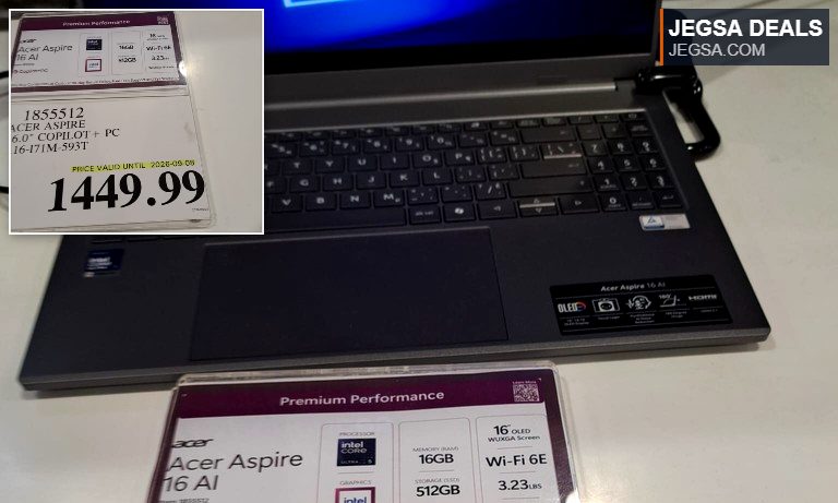 Acer Aspire 16 AI Copilot+ PC laptop with 16GB RAM, 512GB SSD, and OLED screen from Costco for $1449.99.