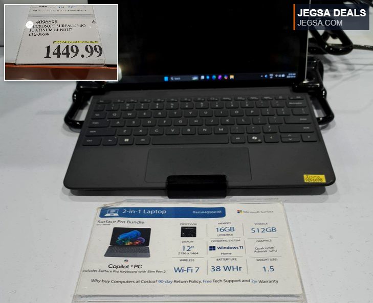 Microsoft Surface Pro Platinum Bundle 2-in-1 laptop with 16GB RAM and 512GB storage from Costco, priced at $1449.99.
