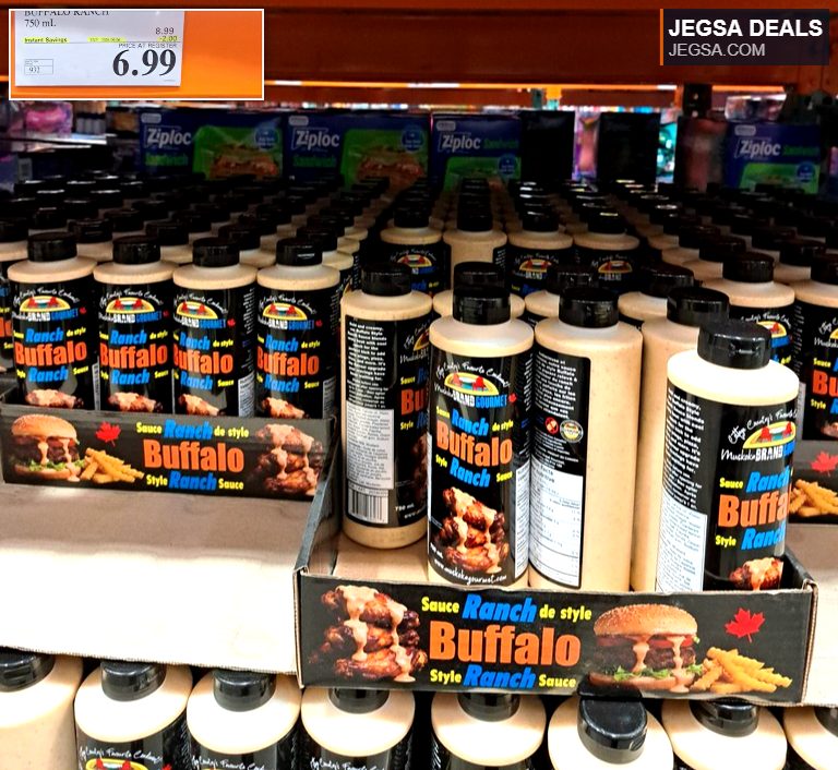 Muskoka Brand Gourmet Buffalo Ranch Style Sauce 750mL bottles on sale at Costco for $6.99, ideal for cooking.