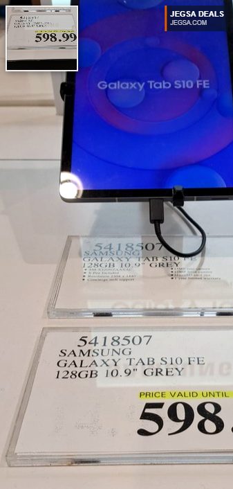 Grey Samsung Galaxy Tab S10 FE 128GB 10.9-inch tablet displayed at Costco for $598.99.