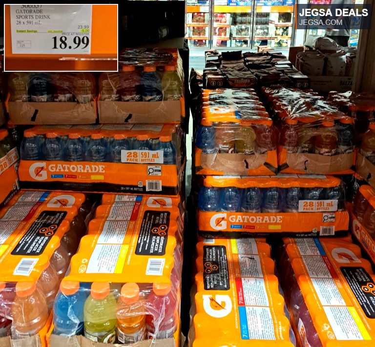 Multipack of assorted Gatorade sports drinks, 28 x 591 mL bottles, on sale for $18.99 at Costco.