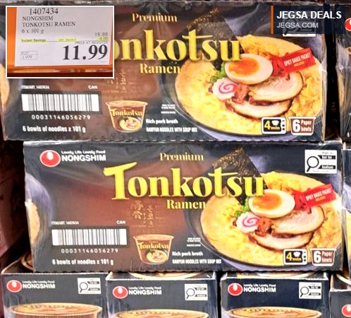 Nongshim Premium Tonkotsu Ramen, 6-pack of bowls, an instant noodle delight, available at Costco for $11.99.