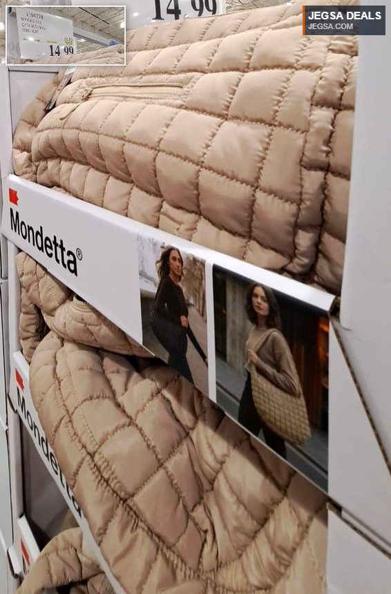 Beige Mondetta quilted bag from Costco, priced at $14.99. A versatile and soft accessory for daily wear.