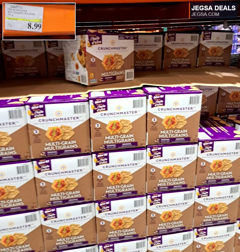 Crunchmaster Multigrain Crackers 567g, oven-baked with olive oil, gluten-free, available at Costco for $8.99.