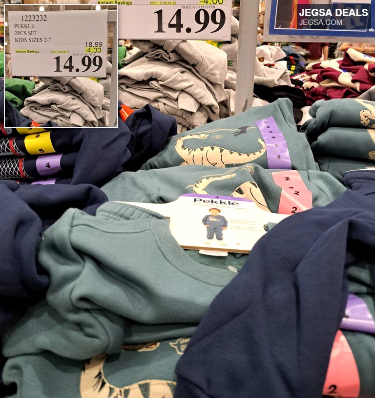Pekkle 2-piece blue and teal kids' clothing set (sizes 2-7) from Costco, priced at $14.99.