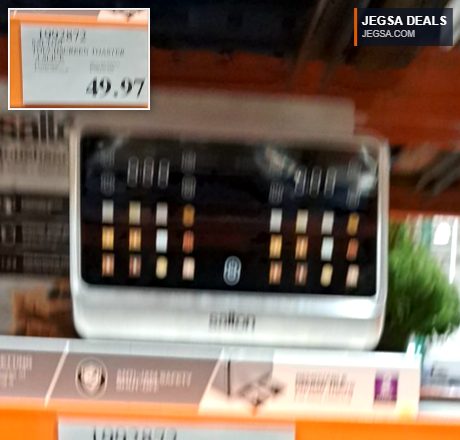 White and black Salton 4-slice touchscreen toaster from Costco, priced at $49.97.