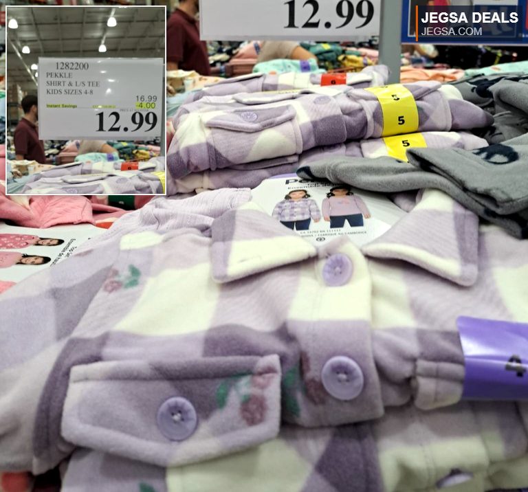 Pekkle purple and white plaid fleece shirt and long-sleeve tee set for kids from Costco, $12.99.