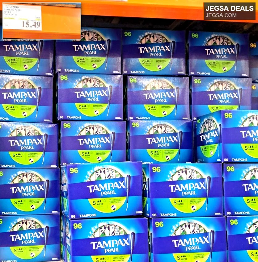 Tampax Pearl Super tampons, 96 count pack, offering instant savings at Costco for $15.49.