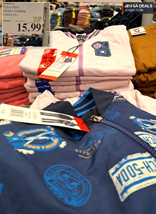 Scotch & Soda reversible bomber jacket for kids in light pink and navy, available at Costco.