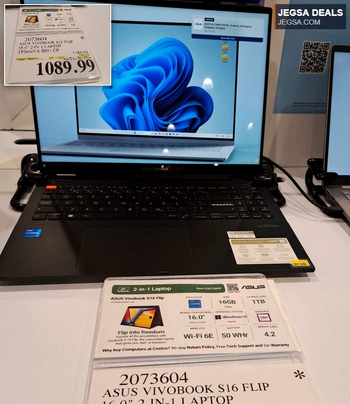 ASUS Vivobook S16 Flip 16-inch 2-in-1 laptop with Intel Core, 16GB RAM, 1TB storage, and Windows 11, available at Costco.