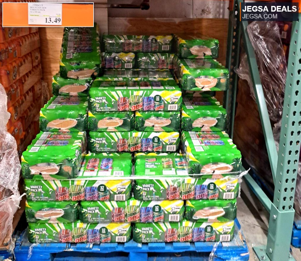 Mountain Dew Variety Pack, 32 x 355 mL cans, available at Costco for $13.49.
