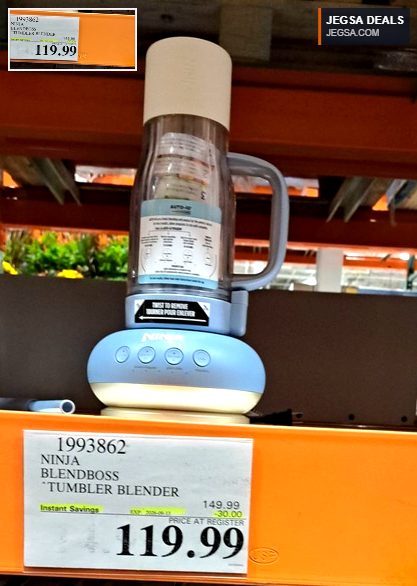 Ninja BlendBoss Tumbler Blender in light blue and clear from Costco, priced at $119.99 with instant savings.