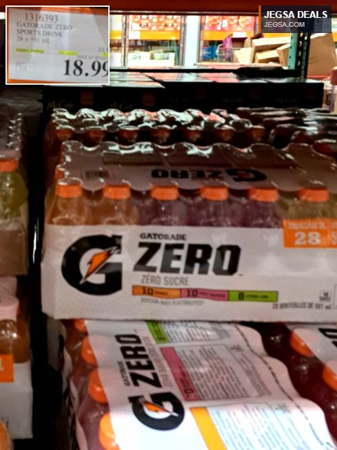 Large pack of assorted Gatorade Zero Sports Drinks from Costco, 28x591mL, priced at $18.99 for sugar-free hydration.