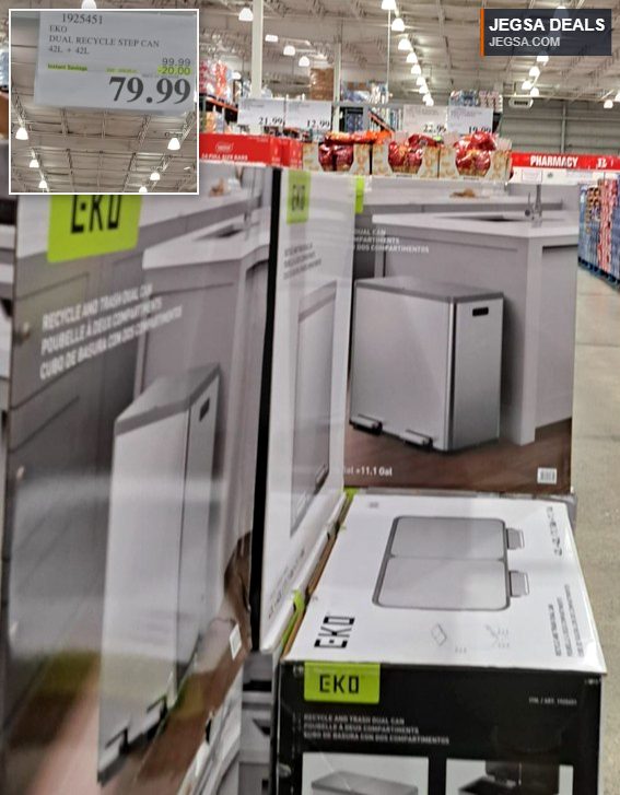 EKO Dual Recycle Step Can (42L+42L) in stainless steel from Costco, perfect for kitchen waste separation.