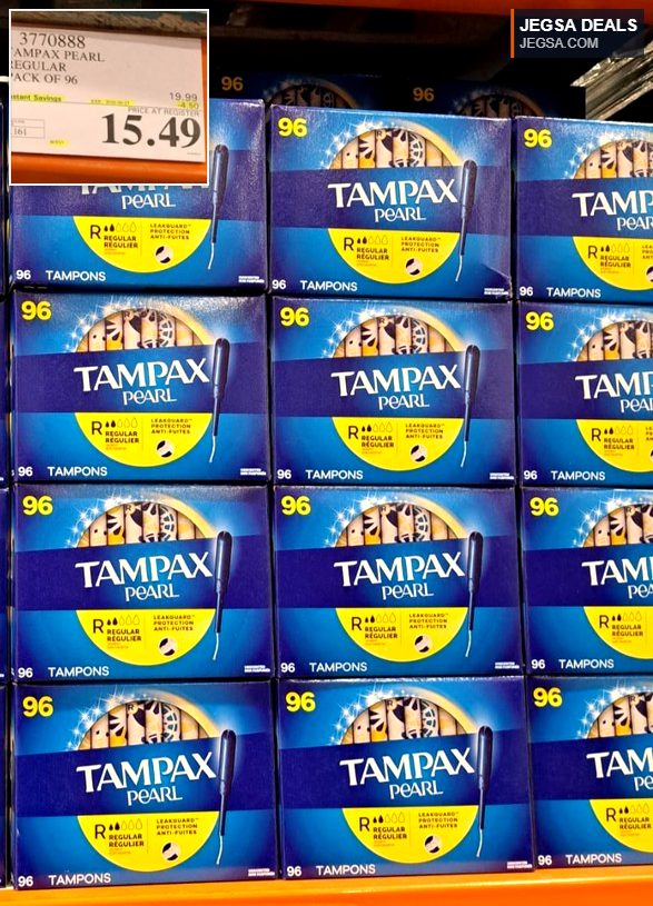 Tampax Pearl Regular tampons, a 96-count pack with LeakGuard protection, available at Costco for $15.49.