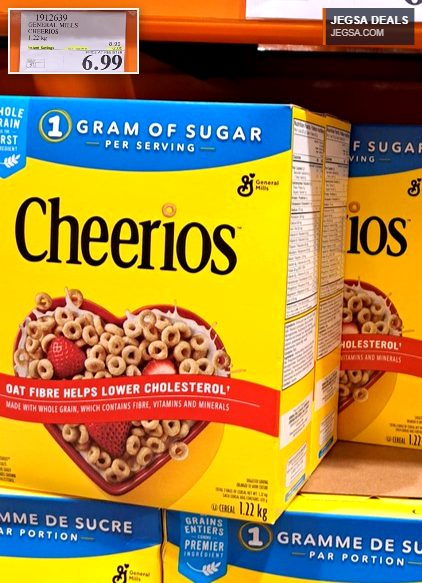 Large box of General Mills Cheerios cereal, 1.22 kg, on sale for $6.99 at Costco, helps lower cholesterol.