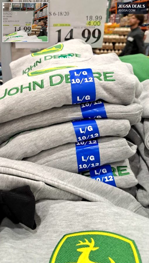 Grey John Deere youth hoodie with green logo from Costco, on sale for $14.99. Available in youth sizes 6-18/20.