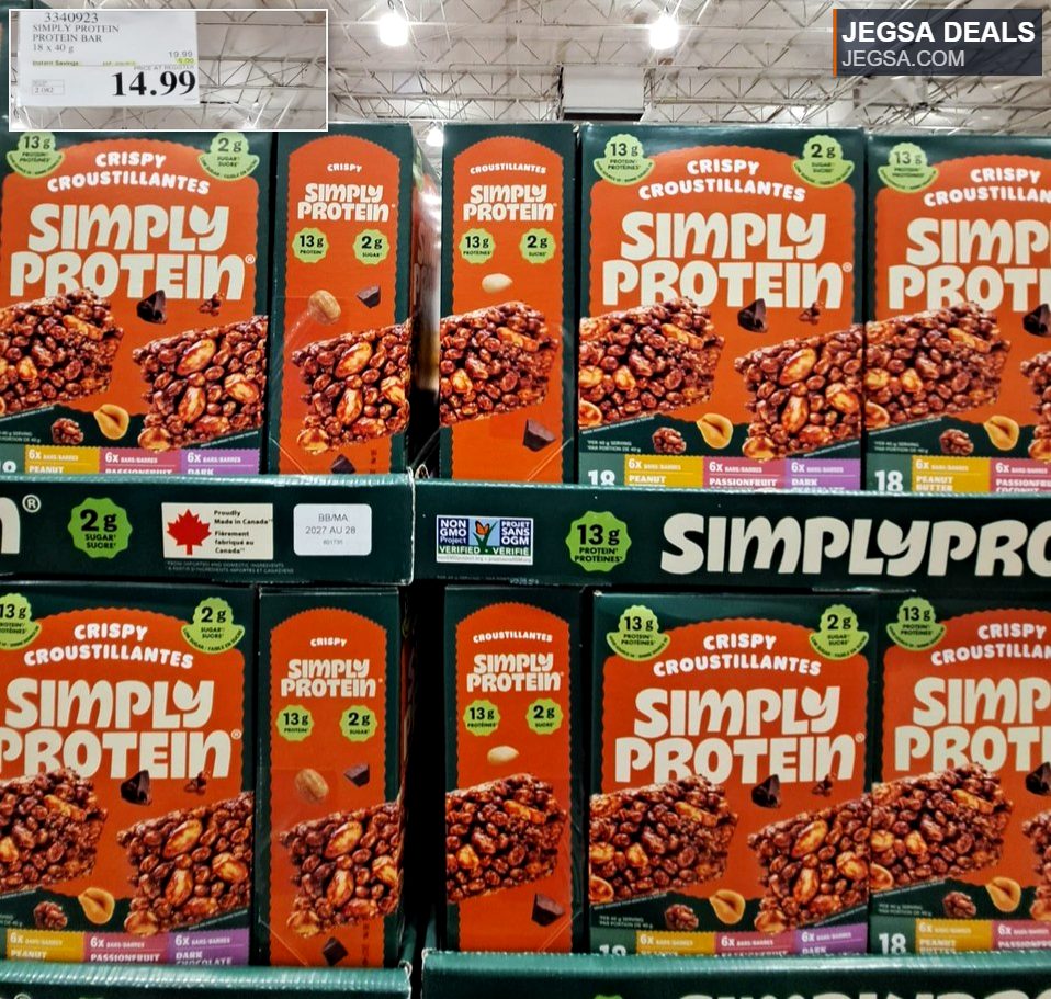 Simply Protein crispy bars, an 18x40g pack, offering a healthy and convenient snack from Costco.