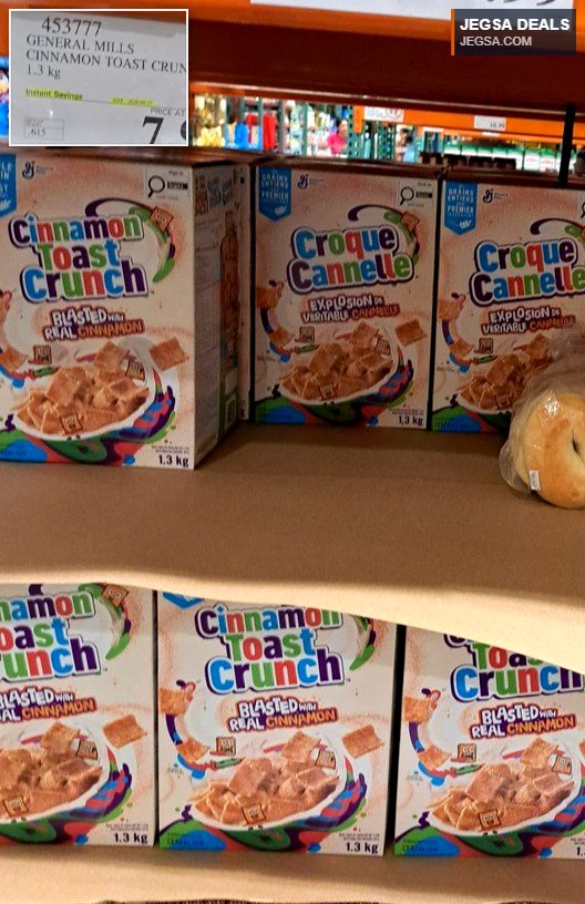 Large 1.3kg box of General Mills Cinnamon Toast Crunch cereal with instant savings at Costco for $7.99, a sweet breakfast staple.