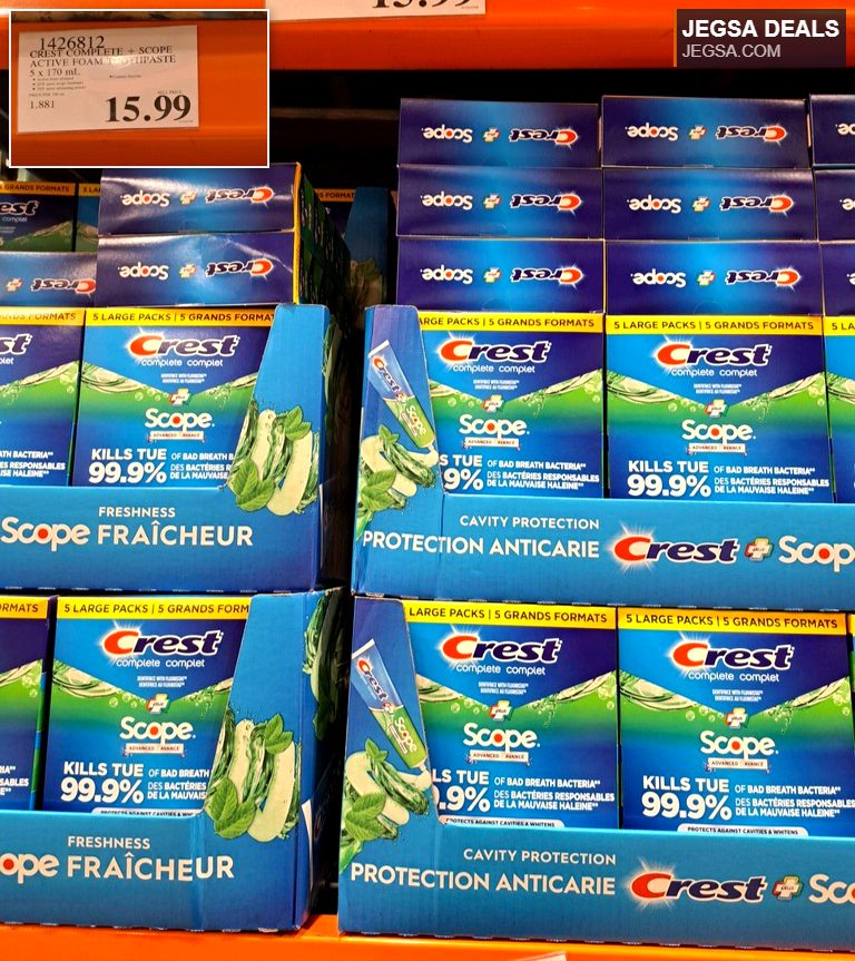 Crest Complete + Scope Active Foam Toothpaste 5-pack from Costco for $15.99, providing cavity protection and fresh breath.