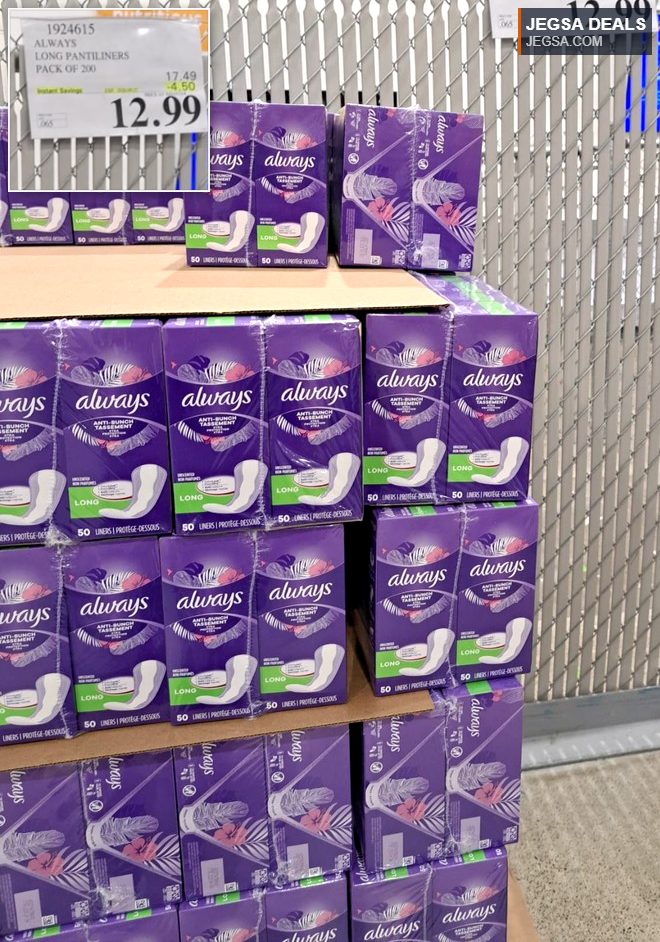 Always Long Pantiliners, 200-count pack in purple packaging from Costco, $12.99.
