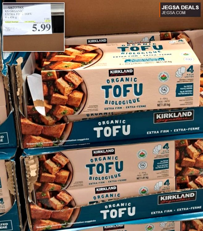 Kirkland Signature Organic Extra Firm Tofu 4-pack from Costco, $5.99, a healthy plant-based protein.